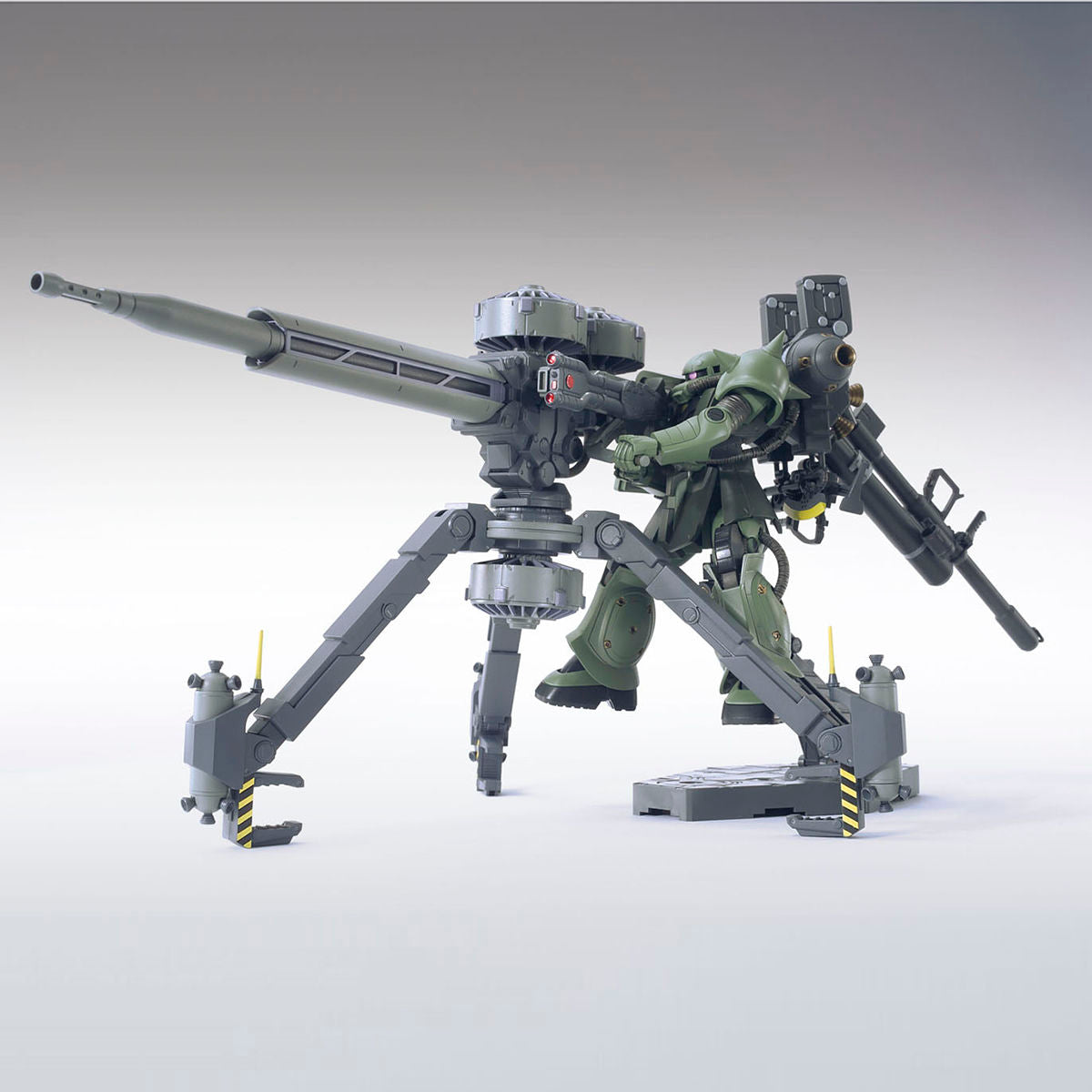 Model of a robot with mechanical arms and weapons on a gray background