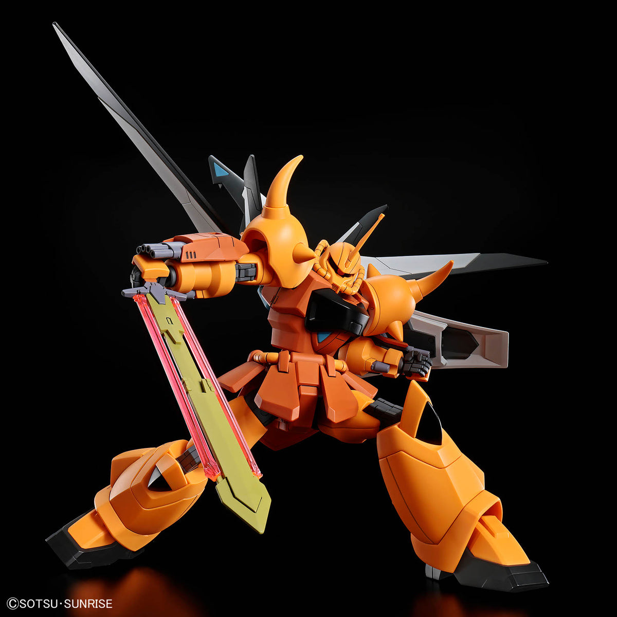 An orange mecha robot figure posed dynamically against a black background, holding a large sword and a long shield. The figure has angular armor plates, a horned head crest, and gray wings on its back.