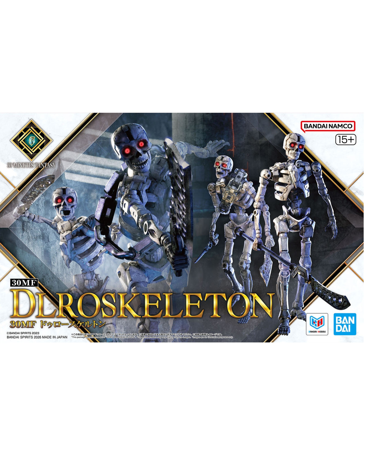 Bandai Namco 3DME 1/12 scale model kit packaging for the Droskeleton 30MF Pos-Action figure, featuring artwork of multiple metallic skeleton endoskeletons with glowing red eyes on a dark illustrated background.