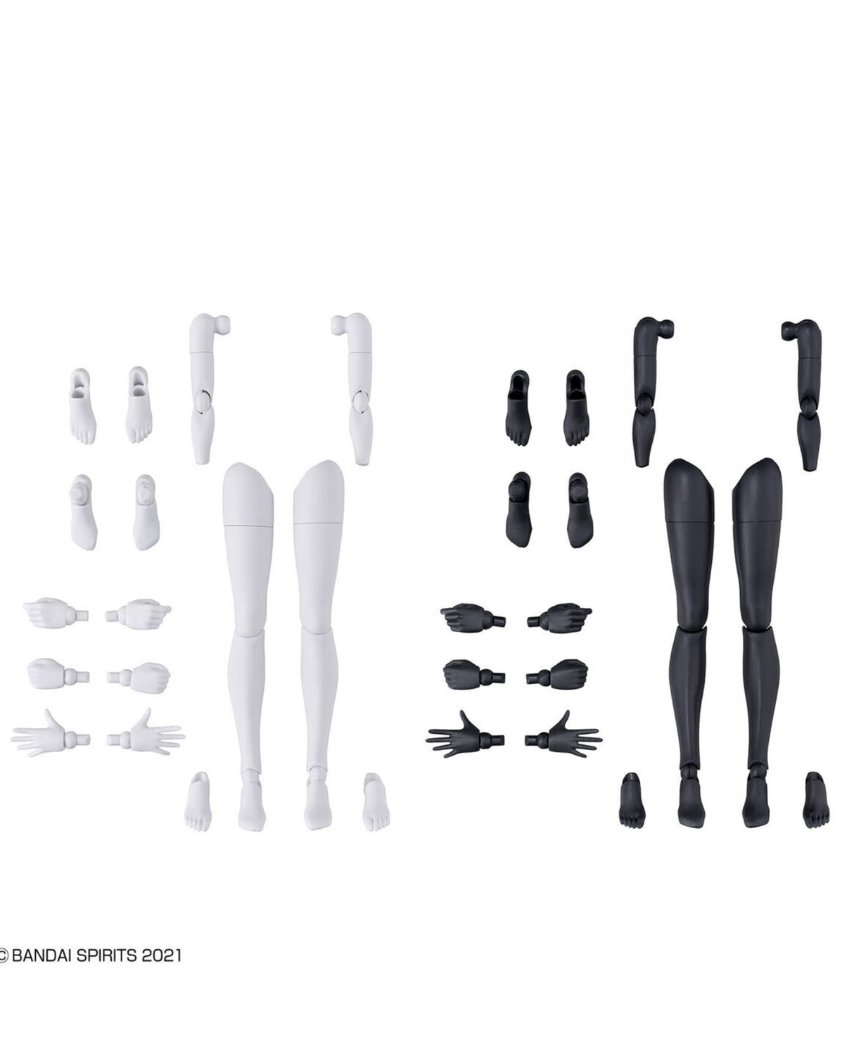 A set of articulated action figure parts in white and black, including legs, hands, and interchangeable fingers, arranged on a plain white background. A small copyright mark reading BANDAI SPIRITS 2021 appears in the lower-left corner.