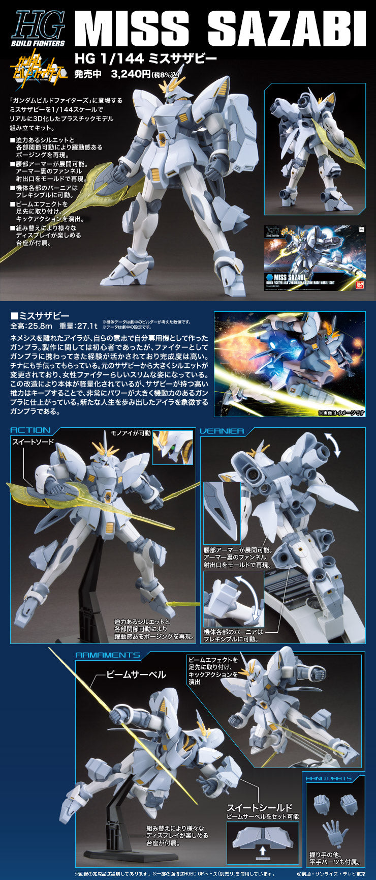A product information sheet for the HG 1/124 Miss Suzubi Gundam model kit, featuring multiple views of the white and gold mecha, assembly instructions, accessories, and a dynamic battle scene on a dark blue background.