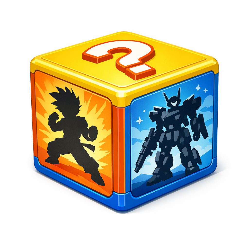 Toy cube with silhouettes of a character and robot on a white background