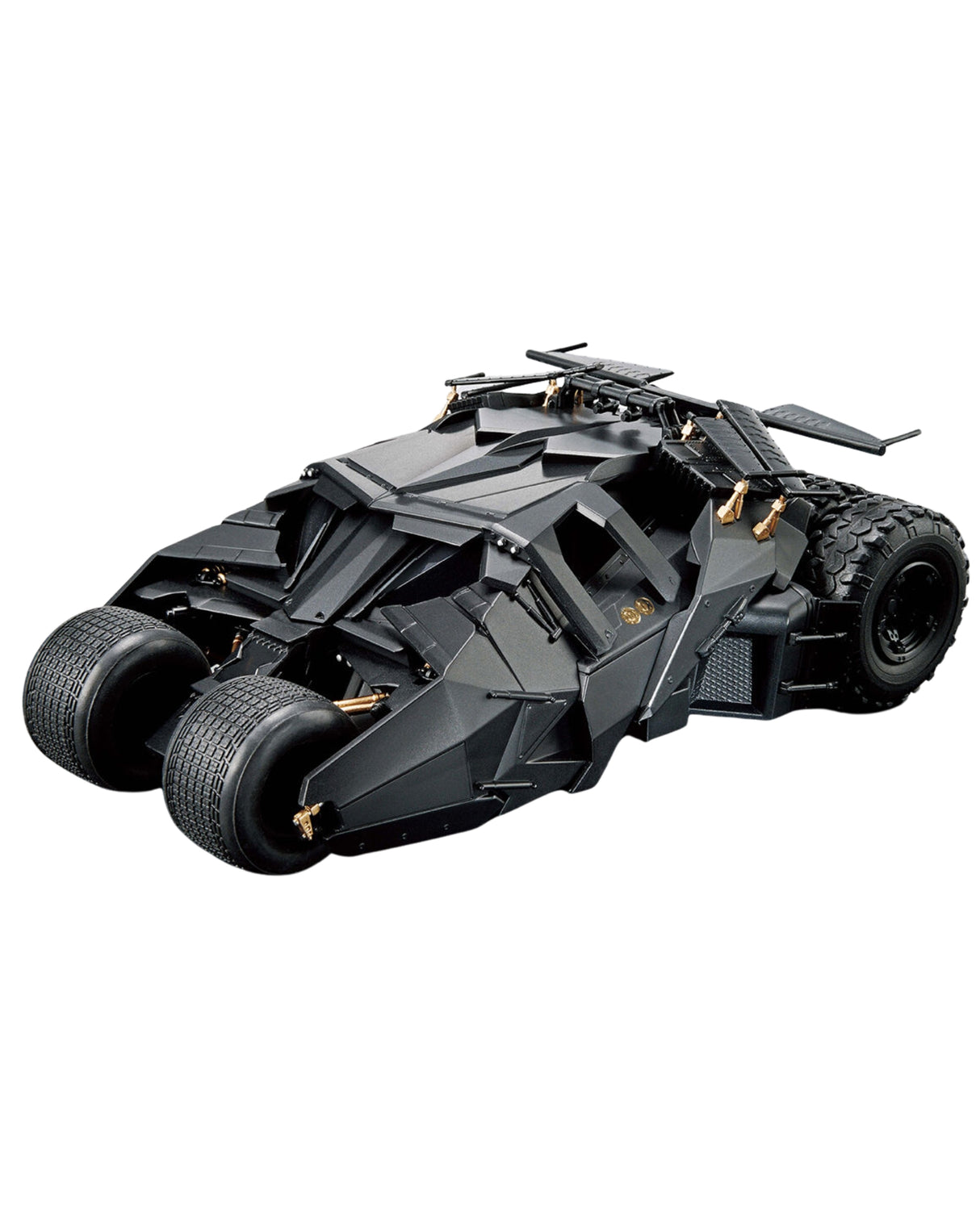 A black armored vehicle model with three large wheels, angular geometric body panels, and small gold accents, shown on a plain white background.