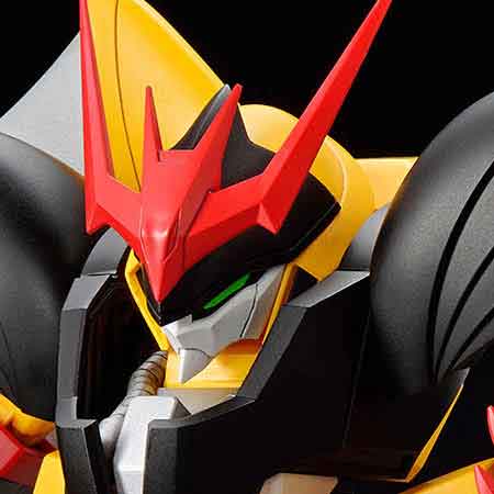 Close-up of a mecha robot head and upper chest, featuring a bold yellow and red color scheme with black armor plating and a small green eye detail, set against a dark background.