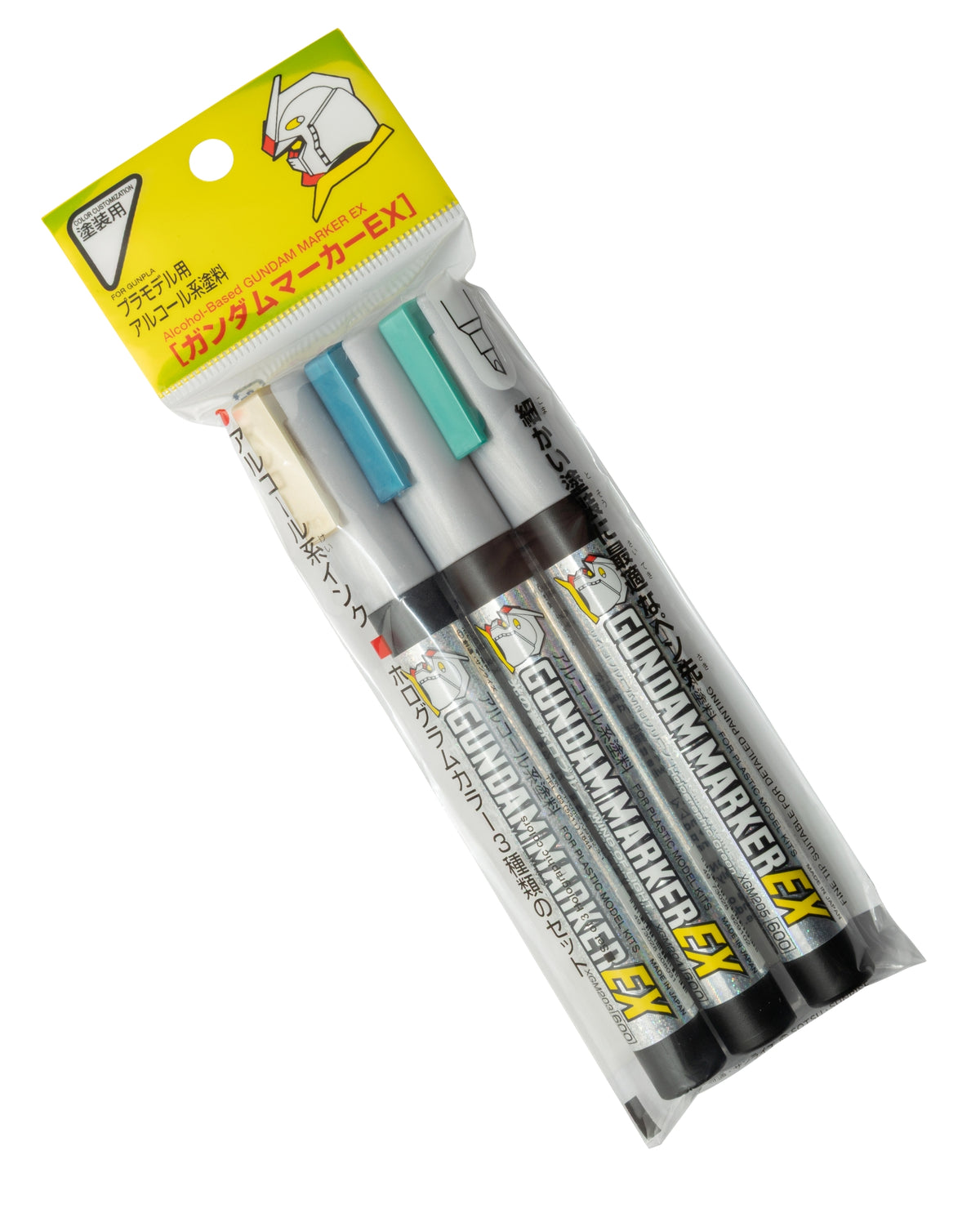 A package of four GUNDAM MARKER EX gel pens in a clear plastic sleeve with a yellow header card, shown on a plain white background.