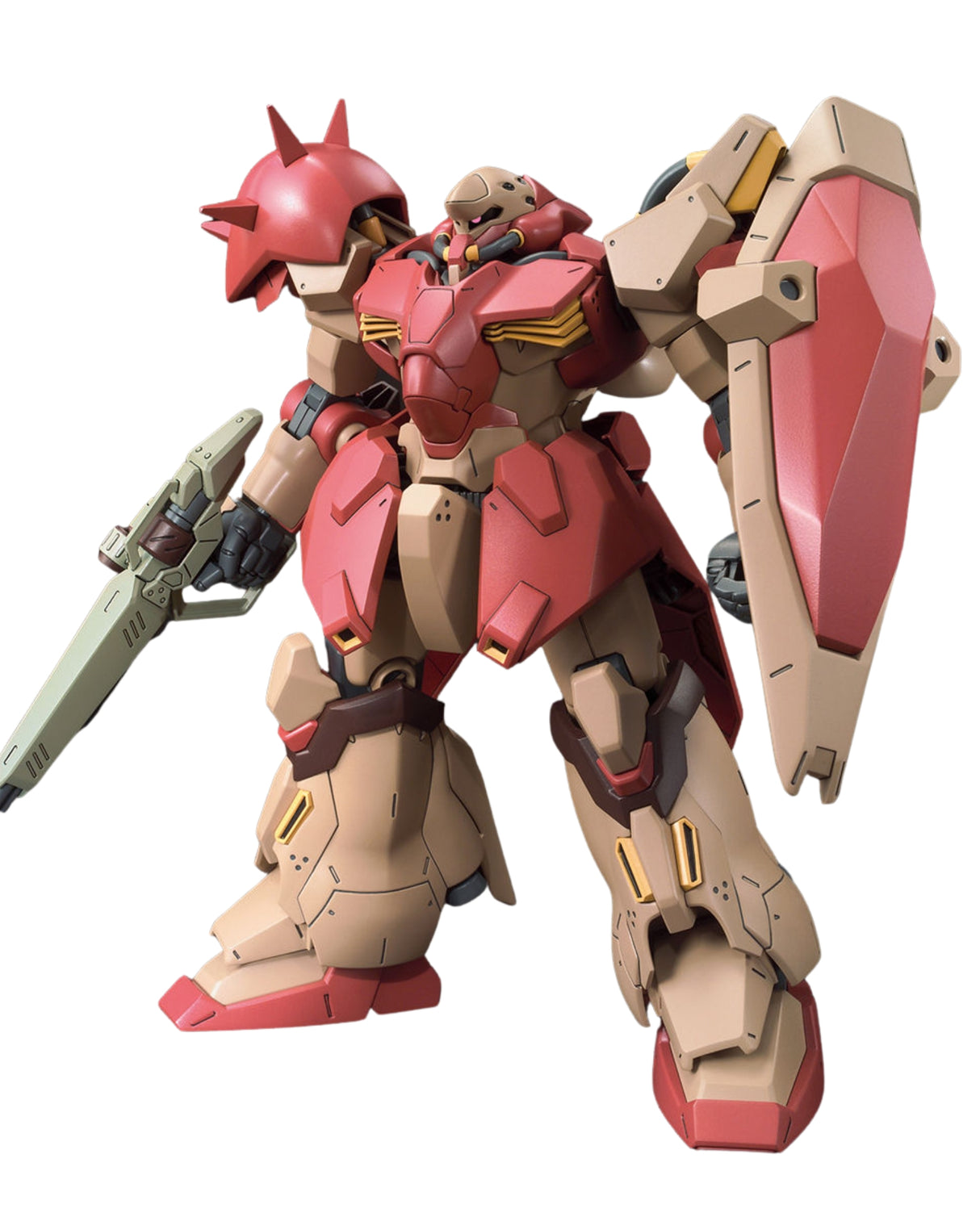 A detailed Gundam model figure in a dynamic pose, featuring a beige and red body with a large red shield on the back and a light green sword in the right hand, set against a plain white background.