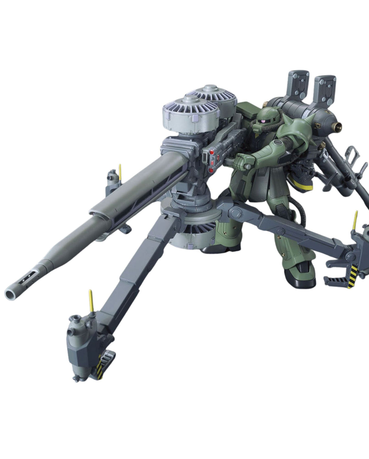 A green and gray mecha-style toy gun mount or weapon assembly on a plain white background.
