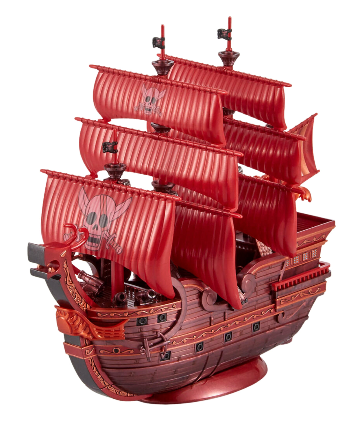 A red pirate ship model with multiple striped red sails, a skull-and-crossbones flag, and a dark reddish-brown hull, displayed on a plain white background.
