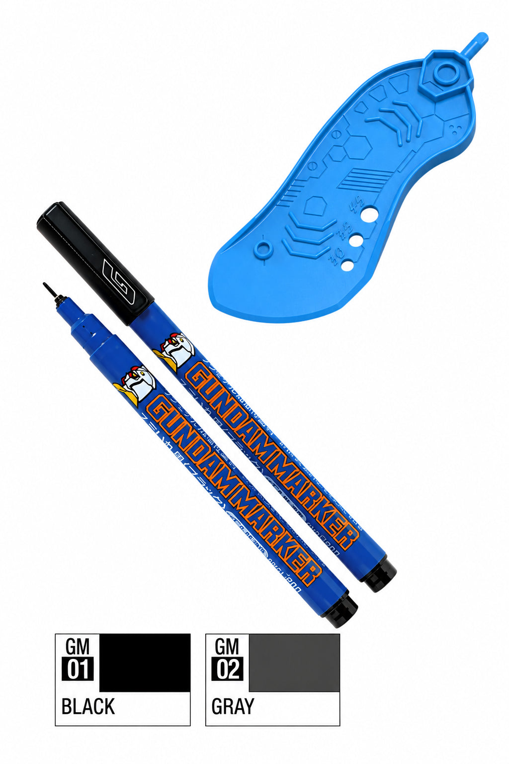 Two blue and black GUNDAM MARKER pens with orange lettering, shown alongside a bright blue textured accessory piece and a color selection chart at the bottom indicating black, gray, and brown ink colors.