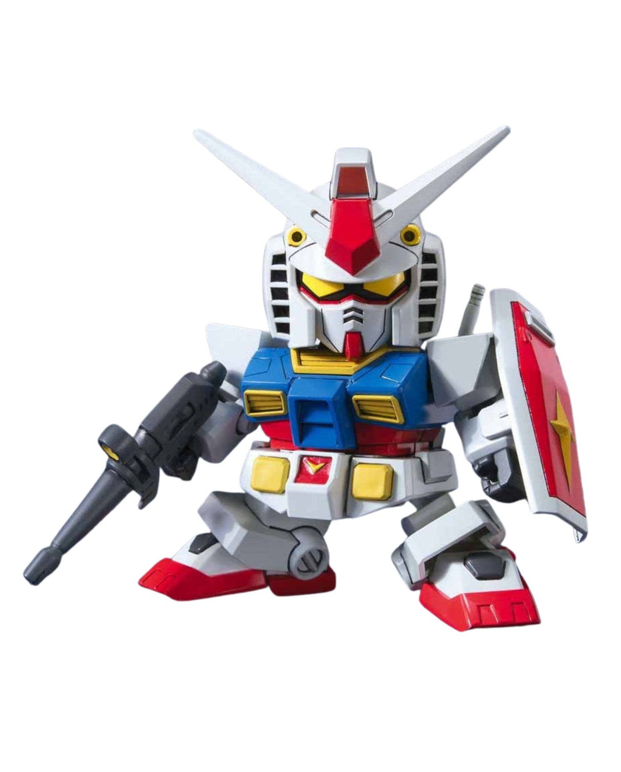 A small Gundam-style robot action figure or collectible toy on a plain white background. The figure is primarily white with red, blue, yellow, and black details, holding a black gun in one hand and a red shield on the other.