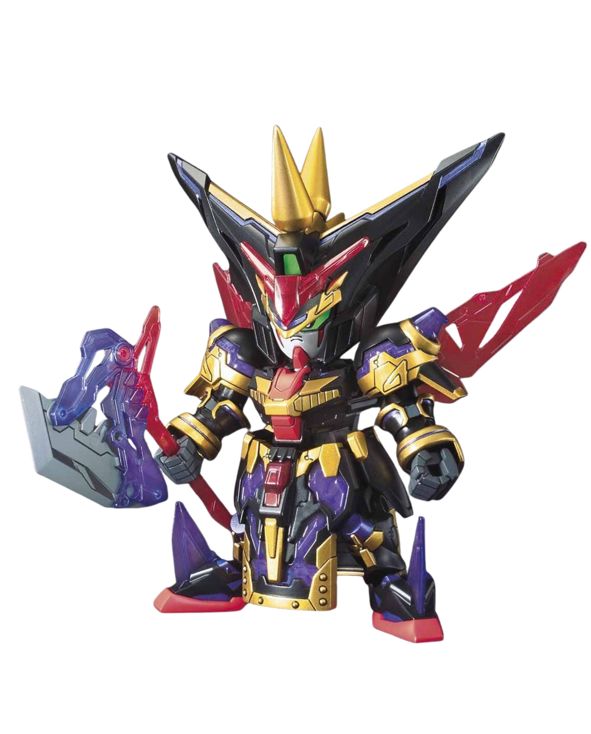 A small stylized robot/mecha figurine in black, gold, purple, and red armor, holding a blue and red weapon accessory, isolated on a white background.