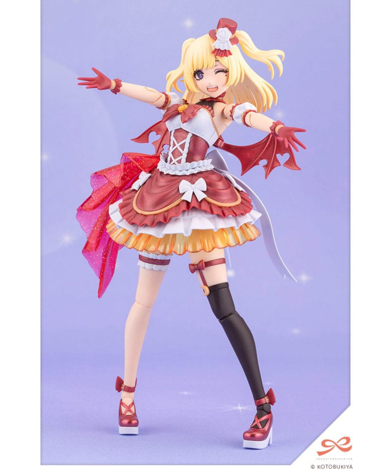 An anime figurine of a blonde girl in a red and white maid outfit with bat wings, posed dynamically against a light purple background. The figure has one leg in a black stocking and is shown with a white border and a small logo in the bottom right corner.