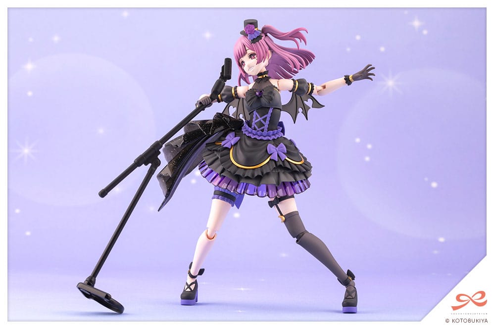 Action figure with purple hair and black outfit on a light purple background