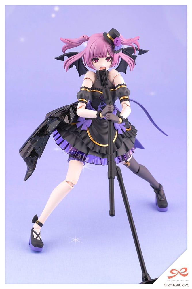 Action figure with pink hair and black outfit on a purple background