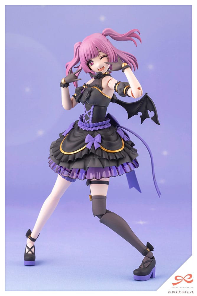 Anime character figurine with pink hair and black and purple outfit on a light purple background