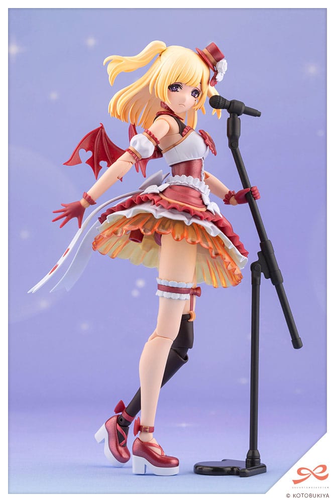 Anime character figurine in a red and white outfit with a microphone stand on a light blue background