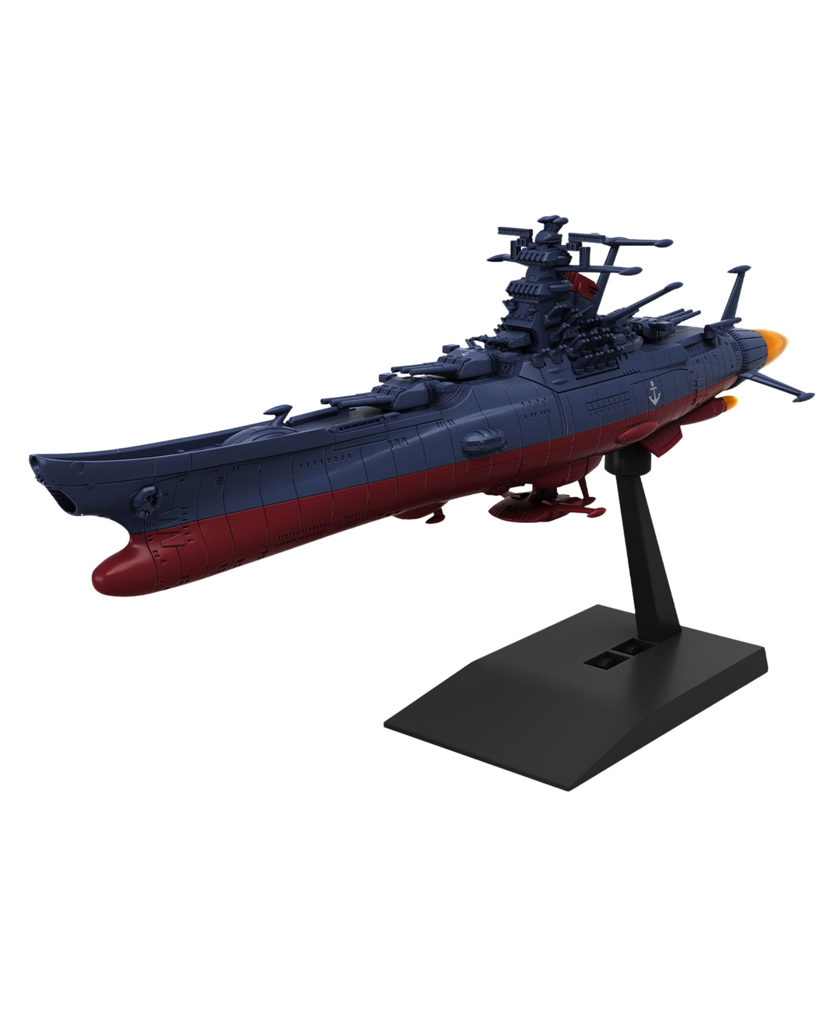 A detailed model of a Japanese battleship displayed on a black stand, featuring a dark blue upper hull and a red lower hull, set against a plain white background.