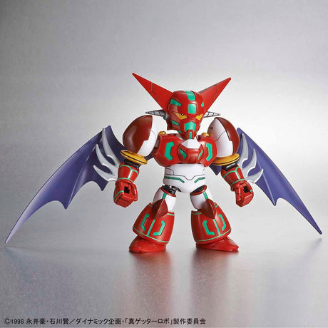 Toy figure with red, white, and purple colors on a gray background