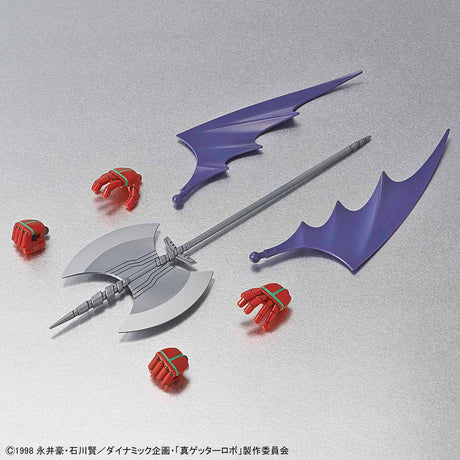 Toy weapon set with purple and silver blade, red hand parts, and gray handle on a light gray background.