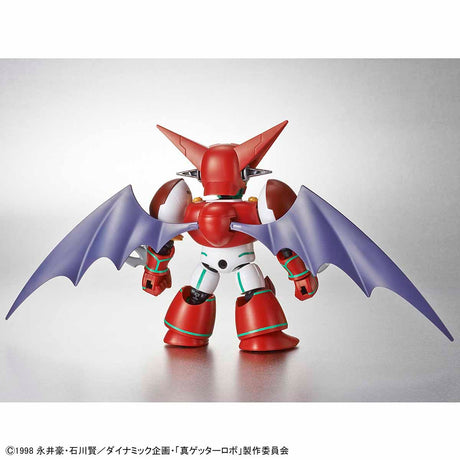 Red robot with bat-like wings on a gray background