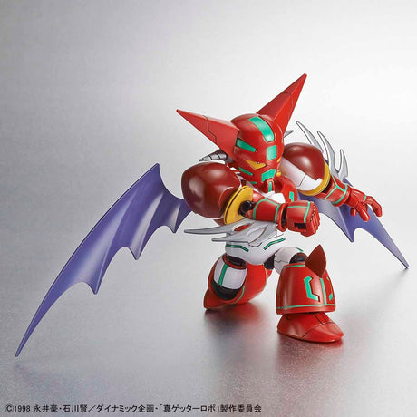 A red and white mecha action figure with purple bat-like wings and green accents, posed dynamically on a light gray reflective surface.