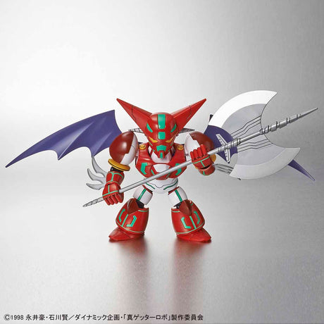 Toy figure with red and white design holding weapons on a gray background