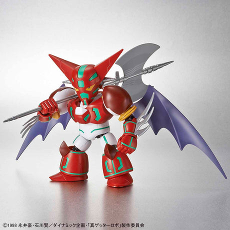 Toy figure with red and purple armor on a gray background