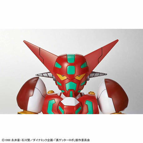 Toy robot figure with red and brown color scheme on a white background
