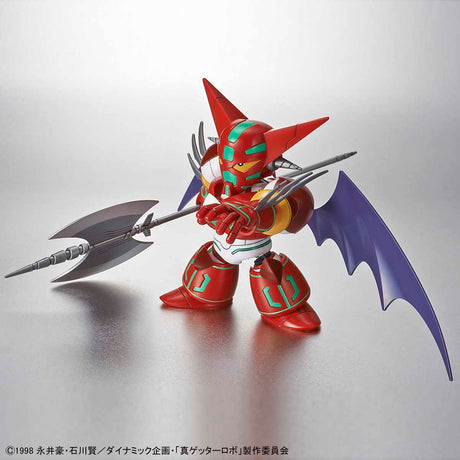 Toy figure with red and purple design on a reflective surface