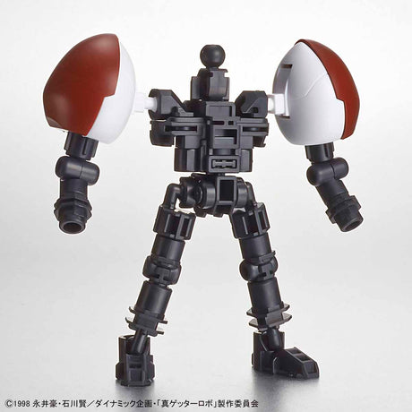 Toy robot figure with red and white helmet on a white background