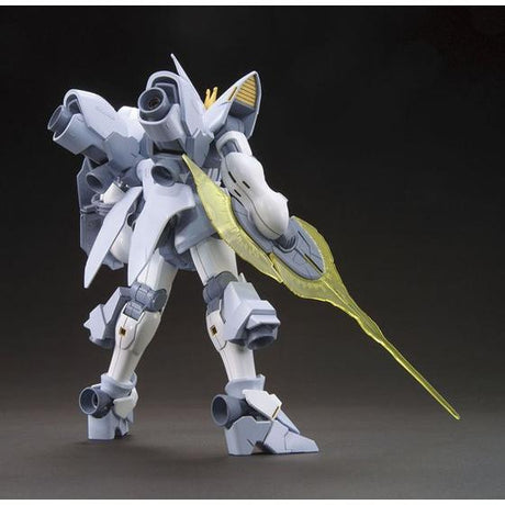 Mechanical robot model with a yellow sword on a dark background