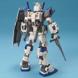 Model kit of a robot with white, blue, and gray color scheme on a blue background