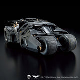 Toy model of a Batmobile on a dark background with DC logo.