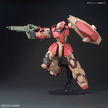 Model kit of a robot with red and beige color scheme on a dark background