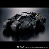 Black Batmobile model on a dark background with DC logo.