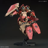 Model kit of a robot with red and beige color scheme on a black background