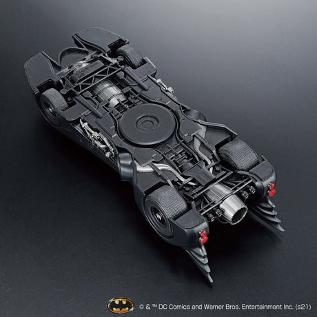Model of a Batmobile on a dark background with DC Comics logo.