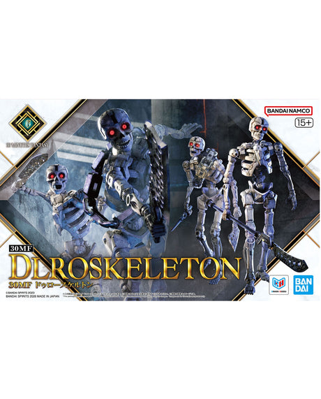 Bandai Namco 3DME 1/12 scale model kit packaging for the Droskeleton 30MF Pos-Action figure, featuring artwork of multiple metallic skeleton endoskeletons with glowing red eyes on a dark illustrated background.
