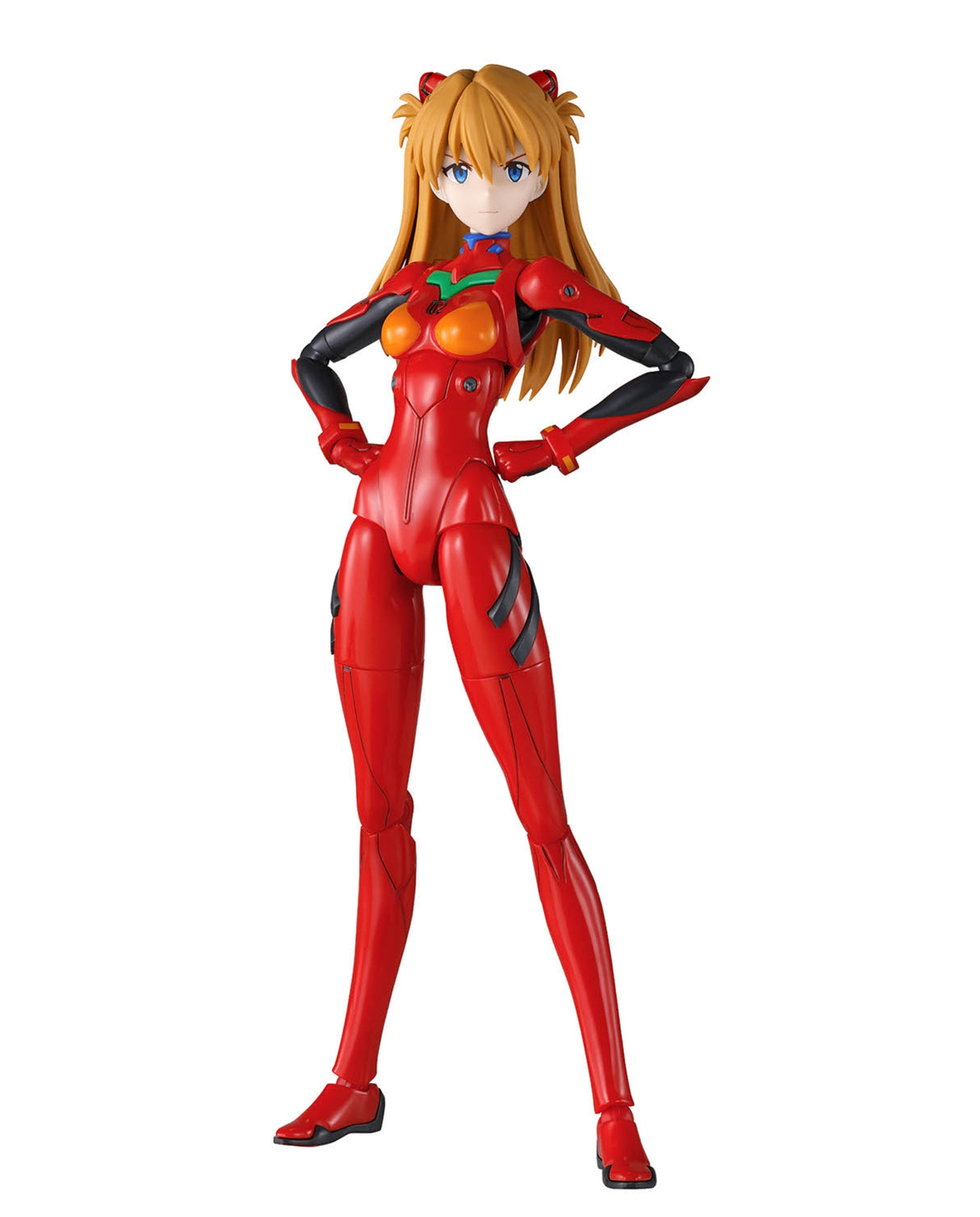 A full-body anime figurine of a female character with long orange hair, blue eyes, and red cat ears, wearing a red bodysuit with black and orange details, posed with hands on hips against a plain white background.