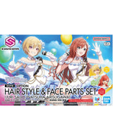 Front packaging of the 3D Minis Option Hair Style & Face Parts Set for Juri Saio and Natsuka Arisugawa from Shiny Colors 2025, featuring anime character artwork on a bright blue background with product callouts and logos.
