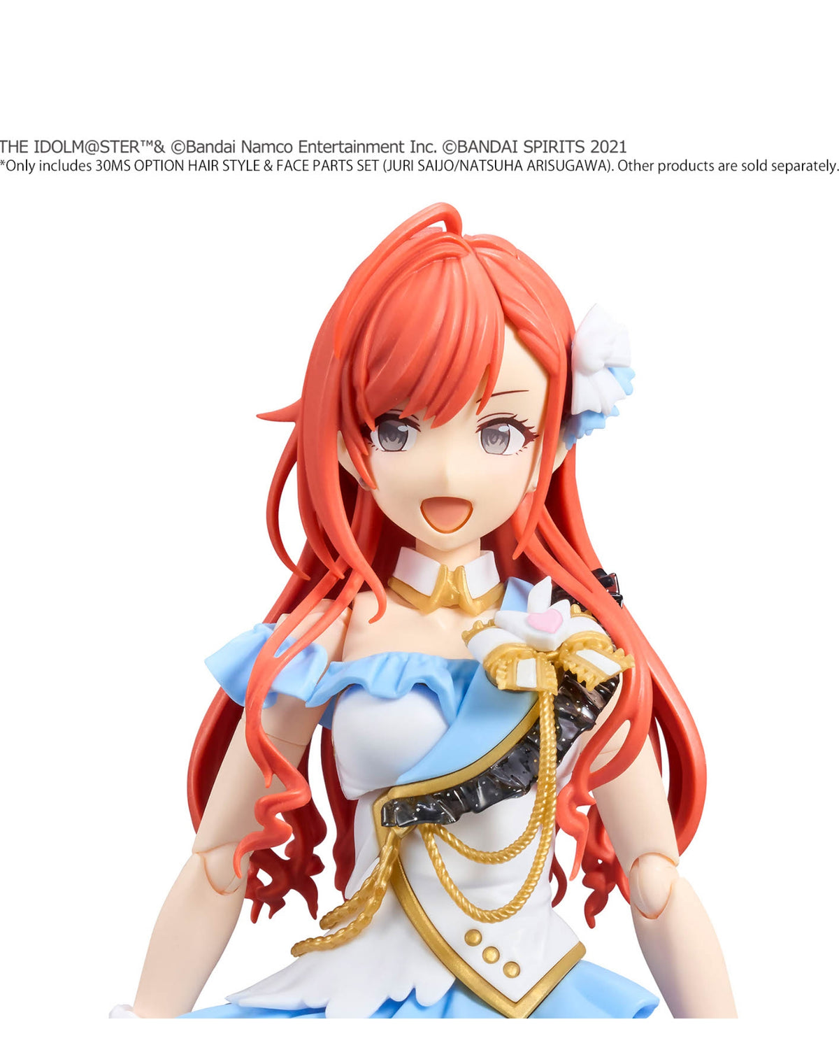 A collectible anime figurine of the character Saionji Natsuna from Idolm@ster, featuring long vibrant red hair, a blue and white dress with gold trim, and a cheerful expression, set against a plain white background with product text in the upper left.