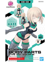 Front packaging of the 30 Minutes Sisters OB-02 JMS Option Body Parts Kit, Color B. The box features a 3D anime illustration of a female character with blonde hair wearing a black and teal body suit, with product assembly parts and instructions displayed on a white and teal background.