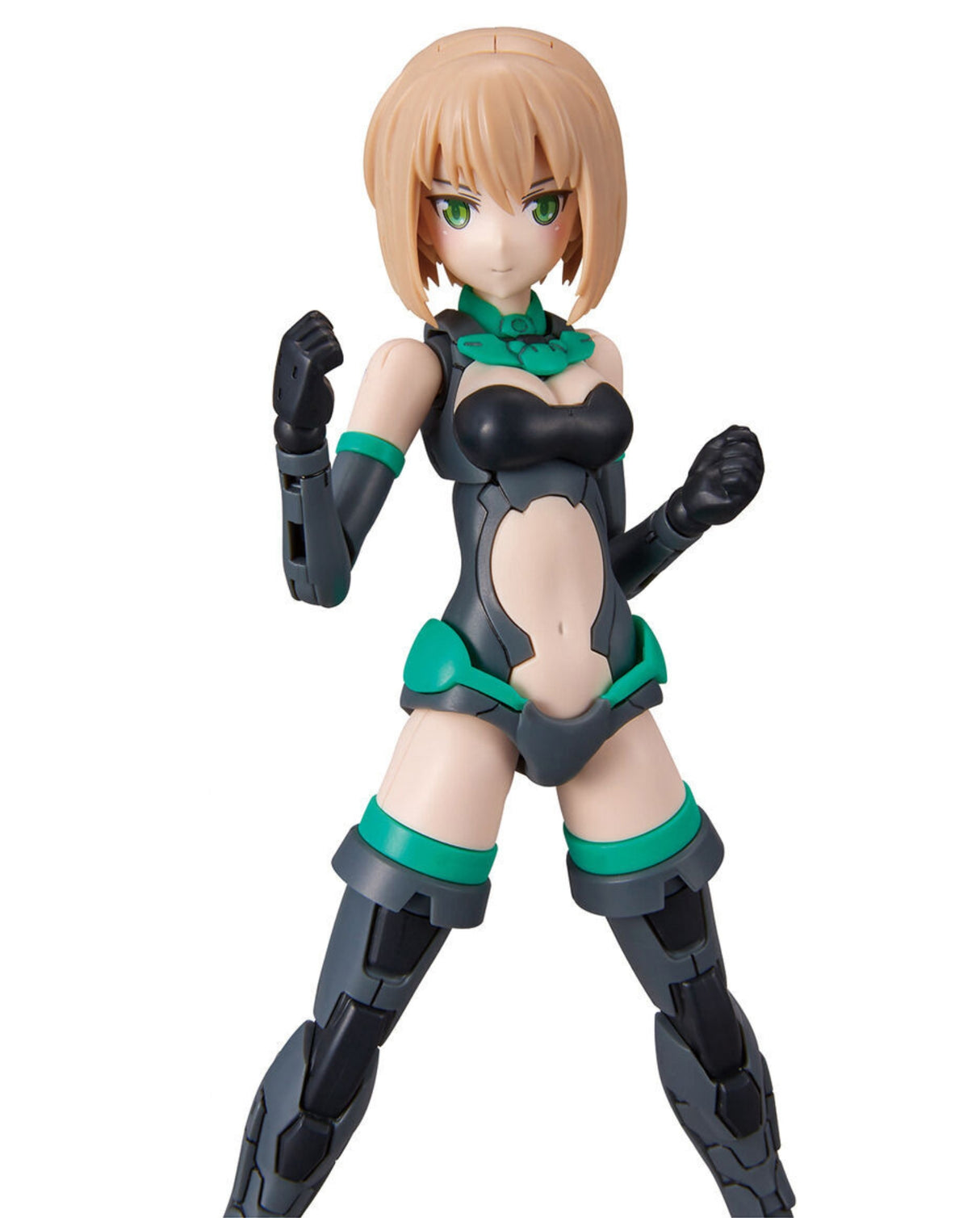 An anime action figure of a female character with short blonde hair and green eyes, wearing a black and teal bodysuit with matching arm and leg guards, posed against a solid white background.