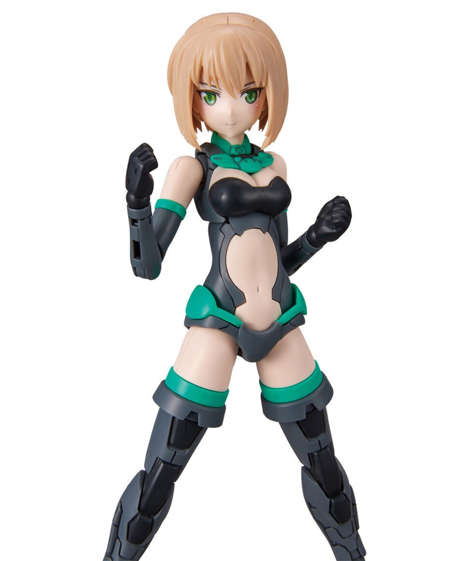 An anime action figure of a female character with short blonde hair and green eyes, wearing a black and teal bodysuit with matching arm and leg guards, posed against a solid white background.