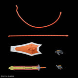 A set of miniature plastic accessories arranged on a black background, including an orange curved strap-like piece, a long orange rod, a white and orange shield-shaped piece, two small gray hands, and a sword with orange, yellow, and red details. A SOTSU-SUNRISE copyright mark appears in the lower left corner.
