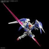A detailed Gundam model kit shown in a dynamic pose against a solid black background, featuring blue, white, gray, green, and red mechanical parts with large pink sword-like blades.