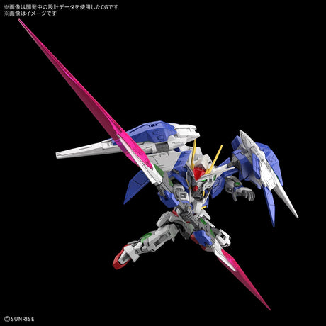 A detailed Gundam model kit shown in a dynamic pose against a solid black background, featuring blue, white, gray, green, and red mechanical parts with large pink sword-like blades.