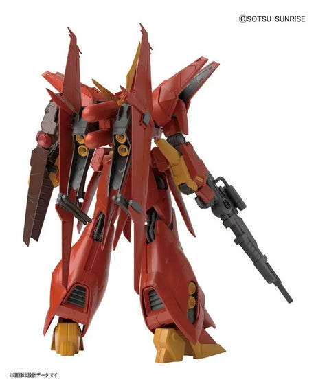Red robot model with black and yellow accents on a white background, featuring Sotsu and Sunrise logos.