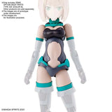 Toy figure with teal and gray outfit on a white background