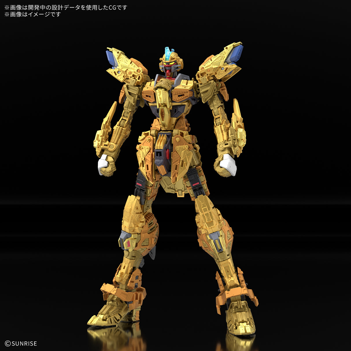 A highly detailed golden mecha robot figure standing on a reflective black surface against a black background. The figure has intricate mechanical details, blue and red accents, and white gloves.
